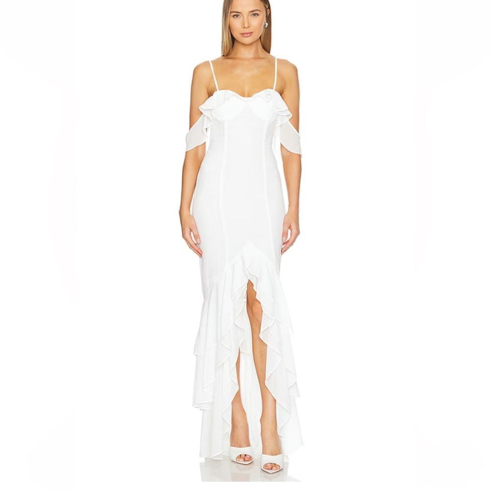 NWT More To Come Adriana Gown White chiffon maxi ruffle Revolve L
